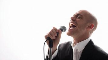 A bald man in a suit singing into a microphone photo