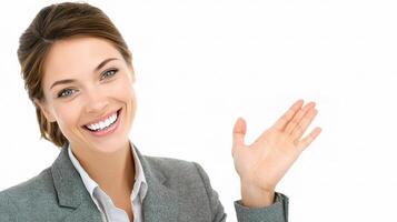 A woman in a business suit is waving her hand photo