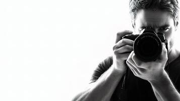 A man holding a camera in front of a white background photo