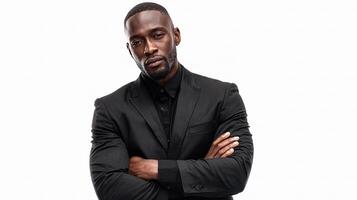A man in a black suit and tie standing with his arms crossed photo