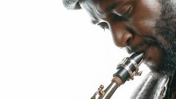 A man with a beard and hat playing a saxophone photo