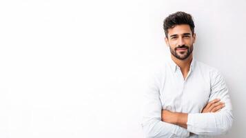 A man with a beard and a white shirt is standing in front of a white wall photo