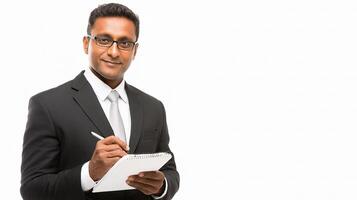 A man in a suit and tie is holding a clipboard photo