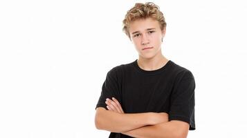 A young man with his arms crossed standing with his arms crossed photo