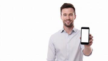 A man holding up a smart phone with a blank screen photo