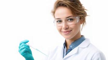 A woman in a lab coat holding a syringe photo