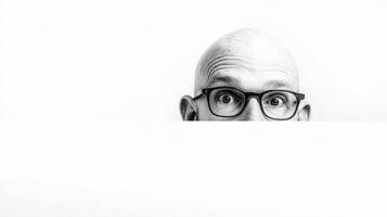 A bald man with glasses peeking out from behind a white wall photo