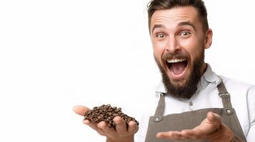 A man with a beard and apron holding a handful of coffee beans photo