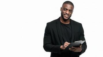 A smiling black man holding a clipboard photo