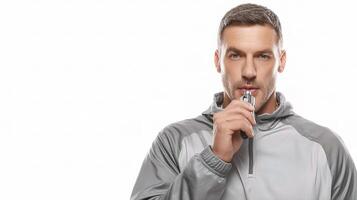 A man is holding a toothbrush in his mouth photo