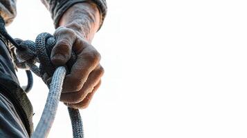 A man holding a rope on a rock climbing wall photo