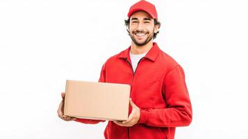 A smiling man in a red jacket holding a box photo