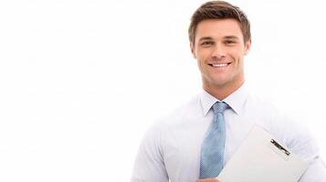A smiling man holding a folder photo