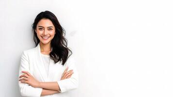 A woman in a white suit is smiling photo