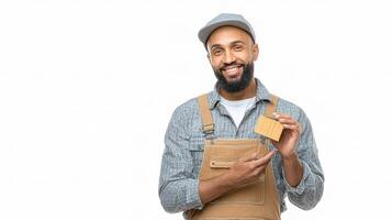 A smiling man in overalls holding a credit card photo