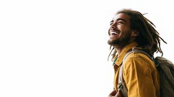 A man with dreadlocks is smiling and laughing photo