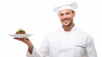 Chef holding plate of food photo