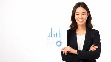 A woman in a business suit holding a paper with graphs photo