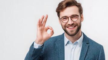 A man in glasses and a suit is making an ok sign photo