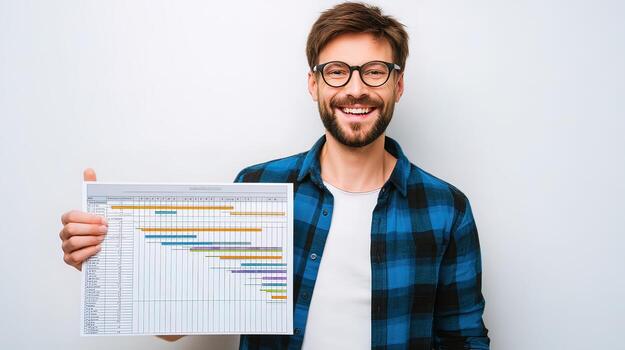 Man holding up a project plan on a white background photo