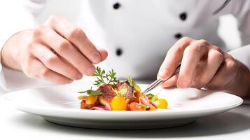 A chef is holding a knife and fork over a plate of food photo