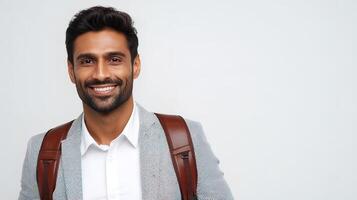 A man with a backpack smiling photo
