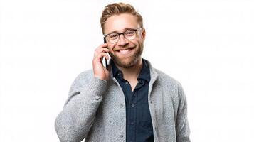 A man in glasses and a sweater talking on a cell phone photo