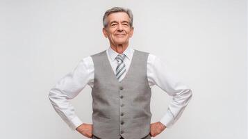 A man in a vest and tie standing with his hands on his hips photo
