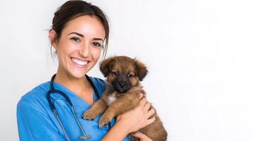 A woman in a blue uniform holding a puppy photo