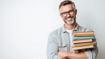 Smiling man holding stack of books photo