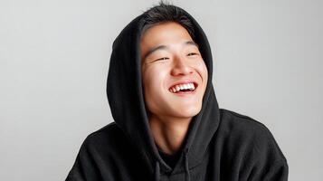 A young man in a black hoodie smiling photo