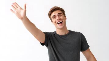 A man is laughing and waving his hands photo