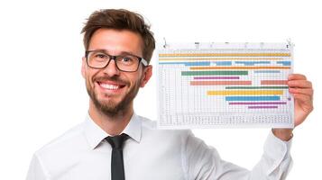 A man in a shirt and tie holding up a calendar photo