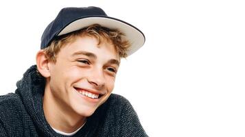 A young man is smiling and wearing a cap photo