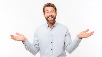 A man is laughing and holding his hands out photo