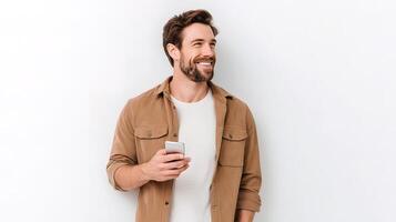 A man in a tan shirt holding a cell phone photo