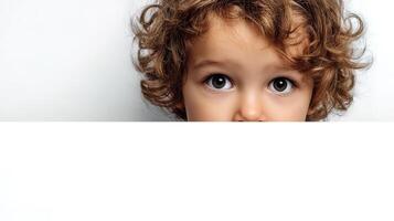 A child peeking over a white board photo