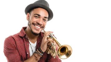 A man in a hat is playing a trumpet photo