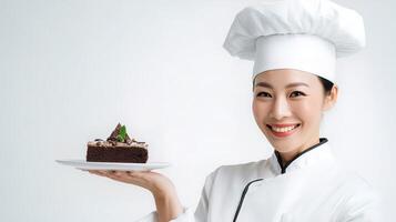 A woman in a chef hat holding a piece of cake photo