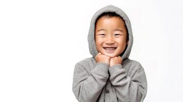 A young boy in a hoodie smiling photo