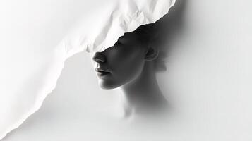 A woman's face is hidden behind a white sheet photo