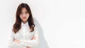 Asian business woman standing in front of white wall photo