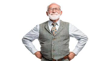 An old man with a beard and glasses standing with his hands on his hips photo