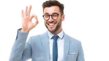 A man in a suit and glasses is making an ok sign photo