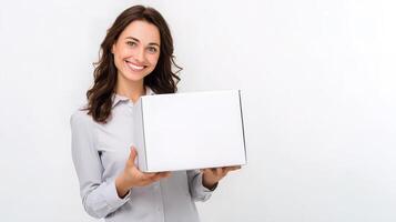 A woman holding a blank box in her hands photo
