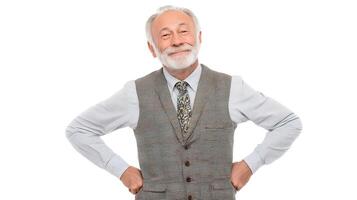 An older man with a beard and tie standing with his hands on his hips photo