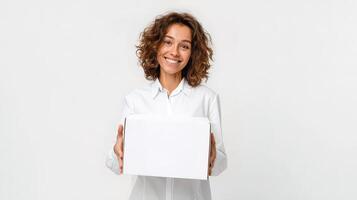 A woman holding a white box with a blank space photo