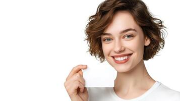 A woman holding a blank card in front of her face photo
