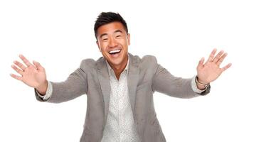 A man in a suit is smiling and waving his hands photo