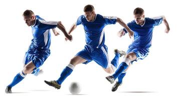 Four soccer players in blue uniforms are kicking a ball photo
